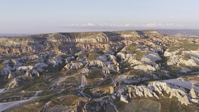 Drone Footage of Uchisar Castle and Goreme View in Cappadocia Nevsehir Turkey with Fairy Chimneys and Scenic Valleys