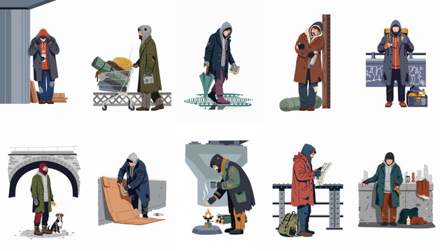 A collection of illustrations depicting homeless men in various urban environments and situations, highlighting the struggles of poverty and street life.
