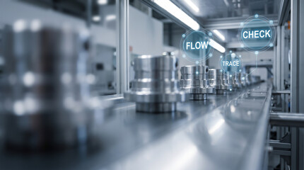 Fototapeta premium Automated industrial production line with digital interface overlay showing flow, trace, and check concepts for smart manufacturing and quality control with copy space