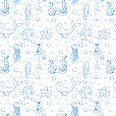 Cute baby sea animals and mermaid doodle vector hand drawn pattern illustrations. Whimsical nursery and kids design in sketch style. Charming vintage print for wallpaper, wrapping paper and fabric © Victoriyad