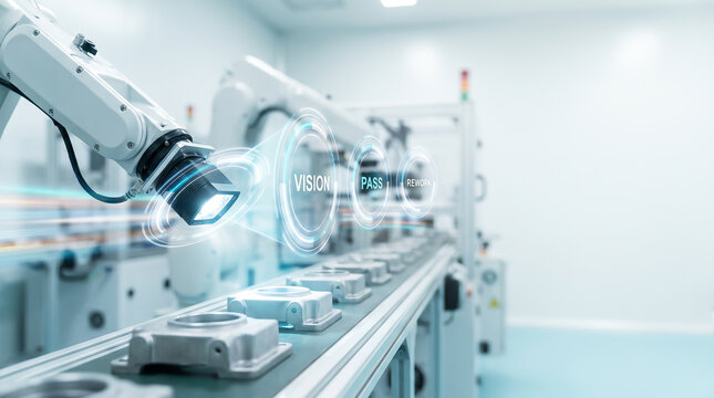 Automated robotic arm with digital vision inspection system scanning metal parts on a production line conveyor belt in a modern smart factory with copy space