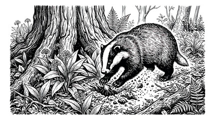 Vintage badger woodcut illustration, wild badger foraging in forest landscape, antique style woodland animal engraving vector © sajida
