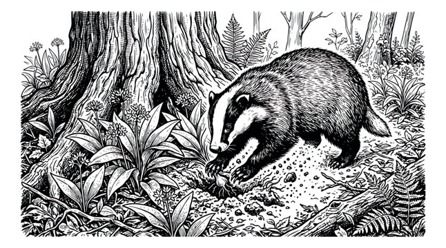 Vintage badger woodcut illustration, wild badger foraging in forest landscape, antique style woodland animal engraving vector