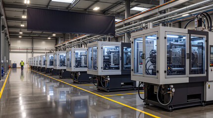 Obraz premium Modern automated industrial manufacturing facility with a row of large injection molding machines in a clean, high-tech factory production line with copy space