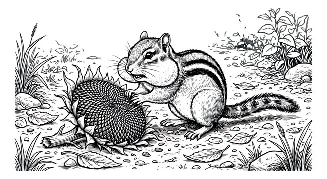 Vintage chipmunk engraving, wild squirrel eating sunflower seeds in garden, hand drawn rodent illustration, black and white nature vector art