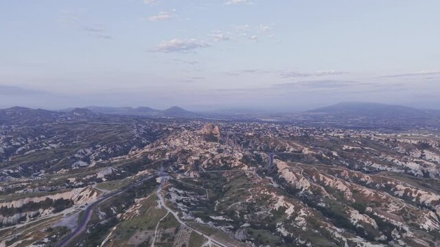 Drone Footage of Uchisar Castle and Goreme View in Cappadocia Nevsehir Turkey with Fairy Chimneys and Scenic Valleys
