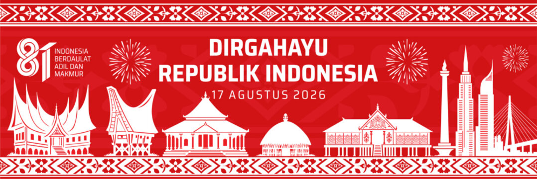 T81st Indonesia Independence Day 2026 Panoramic Architecture Banner. Flat vector web header for Indonesia's 81st Independence Day, Translation : Happy 81st Independence Day of Indonesia 2026.