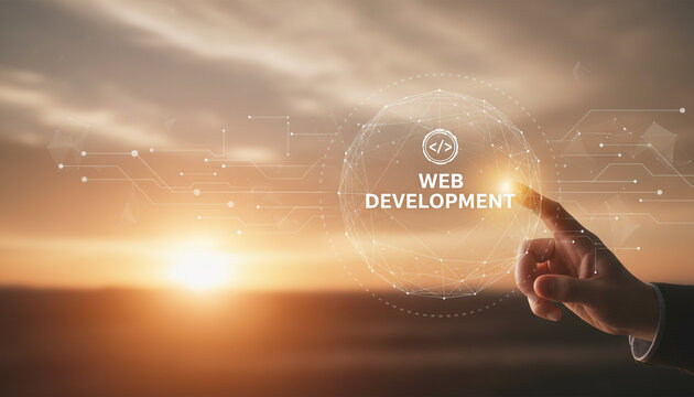Digital web development concept with human hand reaching towards futuristic glowing node structure.