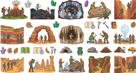 Archaeological expedition and geological tourism asset bundle with scientists studying fossils stalactites geysers mountains and rock formations © Kulsum
