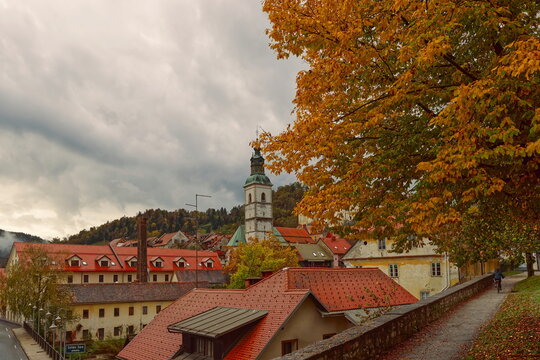The St.Jakob church belfry (Cerkev sv.Jakoba) overlooking the medieval town center, a former factory beside the Selska Sora. Skofja Loka-Slovenia-138