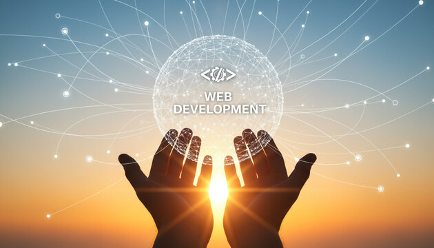 Web development concept with digital globe and human hands at sunset.