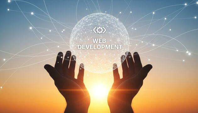 Web development concept with digital globe and human hands at sunset.