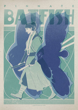 Vintage concept illustration of a male warrior character in Korean Hanbok with a pinnate batfish silhouette background PNG