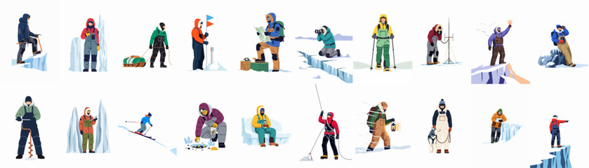 Flat vector illustrations of diverse arctic explorers and researchers engaged in various scientific and adventurous activities across a frozen polar landscape. © Loro