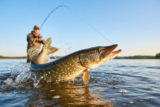 Freshwater pike fishing with an angler in a lake. The file focuses on the sudden surface splash and active fish movement.