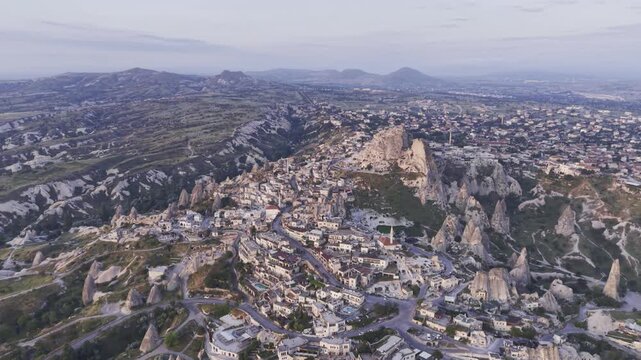 Drone Footage of Uchisar Castle and Goreme View in Cappadocia Nevsehir Turkey with Fairy Chimneys and Scenic Valleys