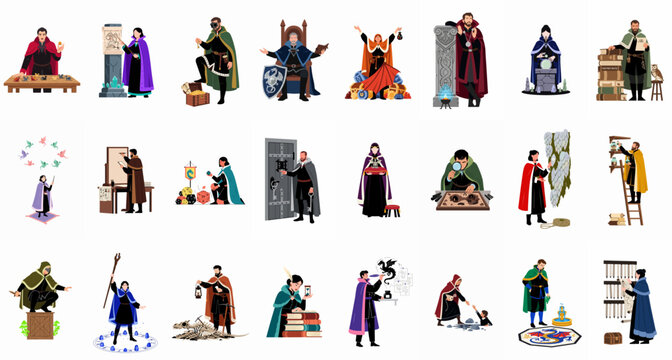 Collection of Fantasy RPG Characters Wizards Warriors and Scribes in Various Scenes for Tabletop Gaming and Storytelling Illustration