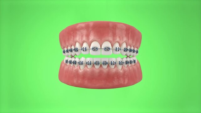 A realistic 3D model of human teeth, gums, and metal orthodontic braces isolated on a solid green screen chroma key background. Designed for easy background removal and seamless integration into denta
