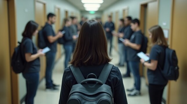 Diverse group of university students standing in a hallway using their mobile phones and tablets.