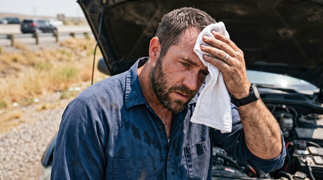 Roadside mechanic wiping sweat with clean cloth, fixing open hood car breakdown on highway for emergency auto service, vehicle maintenance blogs, and breakdown assistance