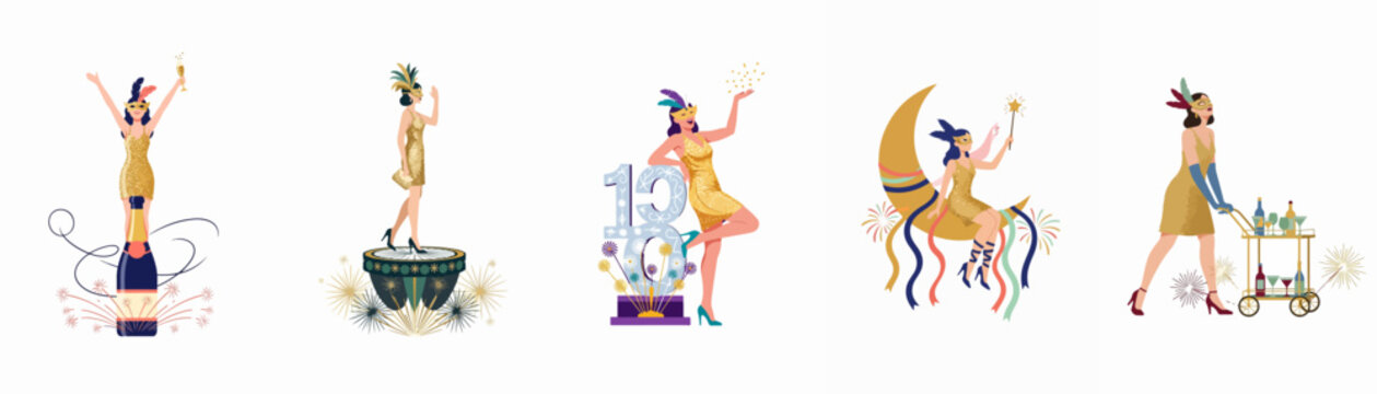 Set of vintage 1920s flapper girl illustrations celebrating with champagne, masquerade masks, and festive party elements on a white background.