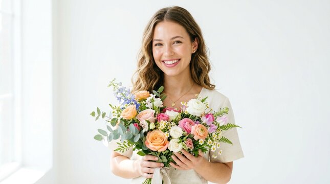 Smiling Woman Holding Beautiful Flower Bouquet