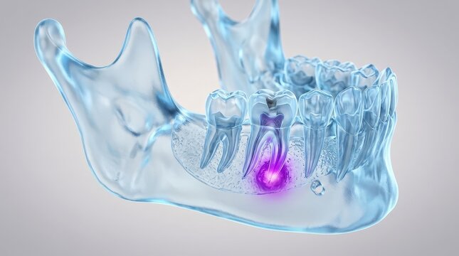 3d illustration of a human mandible with an infected tooth root abscess