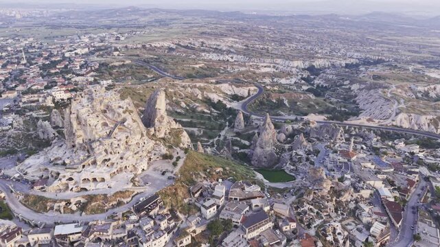 Drone Footage of Uchisar Castle and Goreme View in Cappadocia Nevsehir Turkey with Fairy Chimneys and Scenic Valleys