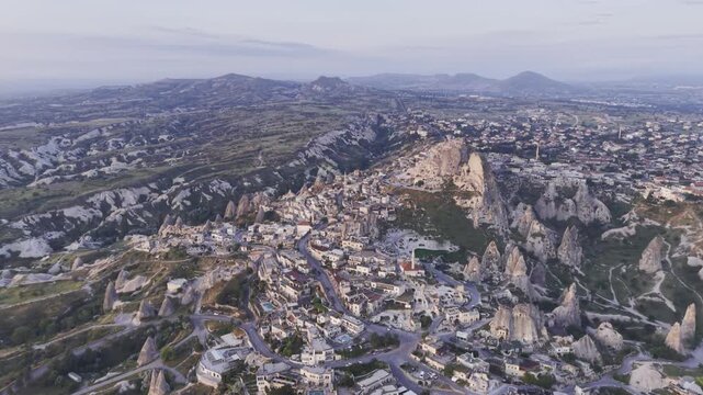 Drone Footage of Uchisar Castle and Goreme View in Cappadocia Nevsehir Turkey with Fairy Chimneys and Scenic Valleys