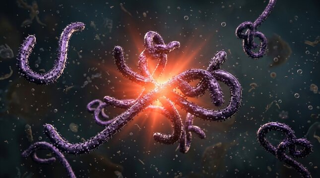 3d render of ebola virus particles under a microscope