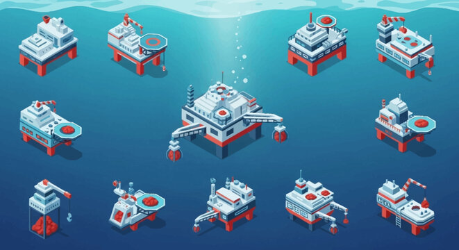 Isometric illustration of underwater oil drilling platforms in the ocean.