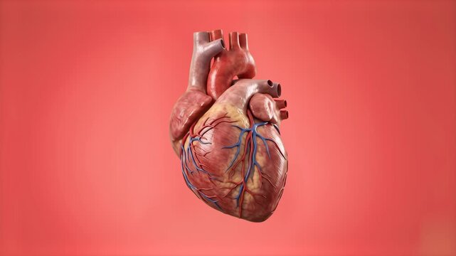 A detailed 3D anatomical rendering of a human heart with realistic muscle texture, blood vessels, and coronary arteries, isolated on a soft red background. Perfect for medical, healthcare, cardiology,