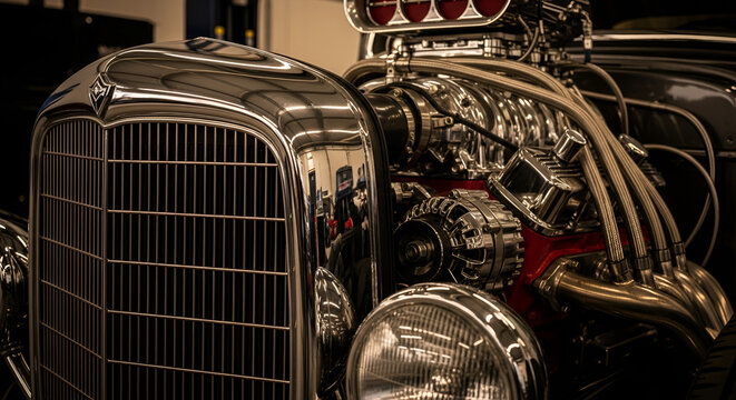 Classic Hot Rod Engine & Chrome Grille - Vintage American Muscle Car Detail