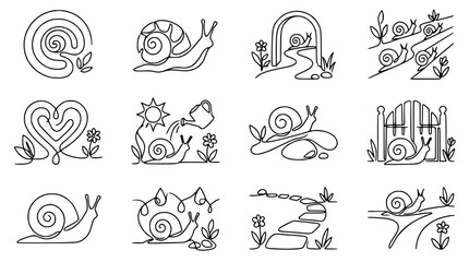 Cute Snail Line Art Collection: Maze, Garden, Heart, Path, Gate, Watering © Akun