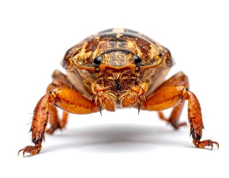 A close-up image of a beetle with a brown and yellow patterned exoskeleton