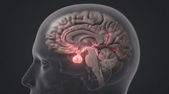 3D medical illustration of the human brain highlighting the glowing pituitary gland in a transparent profile view of a head