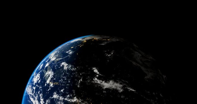 Close up 3D animation of planet Earth rotating showing day and night transition in space