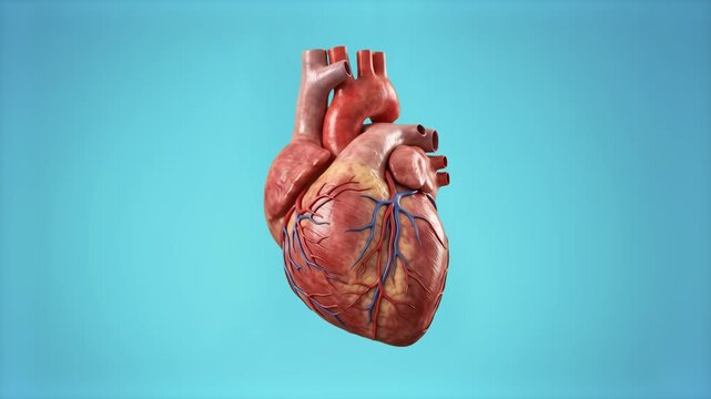 A highly detailed 3D rendering of a human heart organ showing accurate anatomical structures including the aorta, vena cava, ventricles, and coronary blood vessels. Positioned against a solid light bl
