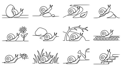 Continuous Line Art Snail Illustrations: Diverse Poses and Natural Elements © Akun