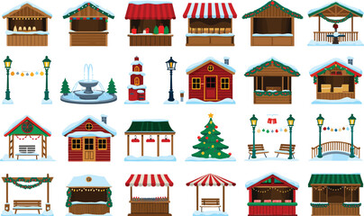 Set of christmas market stalls and winter village houses for festive holiday scenes © MdTofazzal