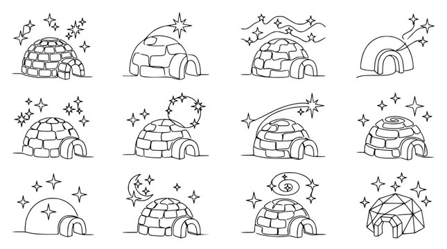 Set of Igloo Illustrations: Arctic Dwellings with Stars and Swirls