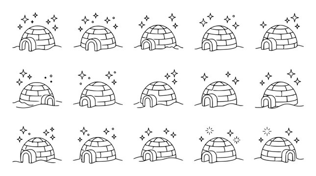 Collection of Hand-Drawn Igloo Icons, Arctic Winter Shelter, Simple Outline Dwellings