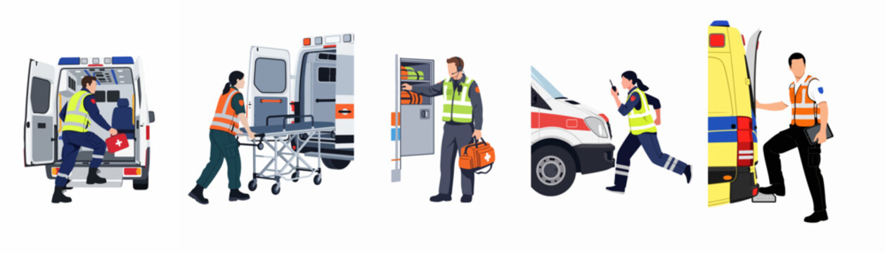 Set of flat illustrations showing diverse paramedics and emergency medical service workers with ambulances, equipment, and stretchers in various operational scenarios.