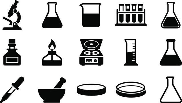 Collection of black science laboratory equipment icons on transparent background featuring microscope flasks beakers burners and tubes.