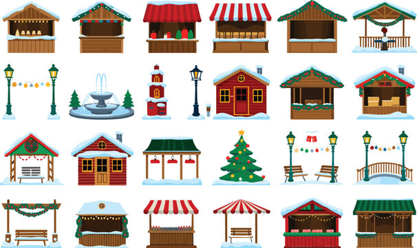 Set of christmas market stalls and winter village houses for festive holiday scenes