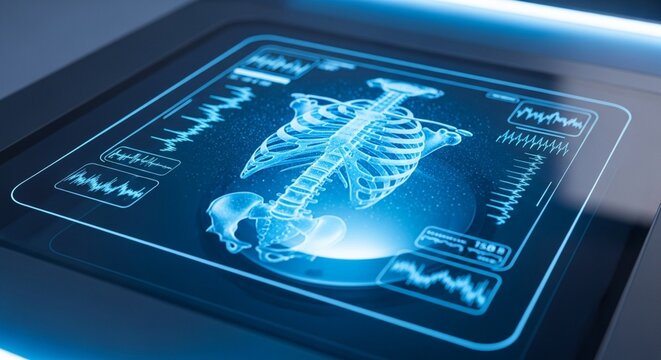 Futuristic medical display showing human skeleton scan with vital signs.