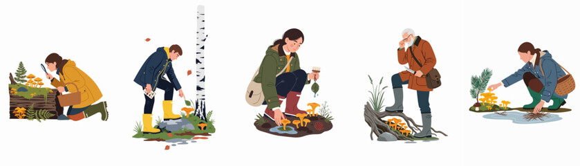 Collection of people foraging for wild mushrooms in the forest, featuring diverse characters picking chanterelles and studying fungi in an autumnal setting. © Andres
