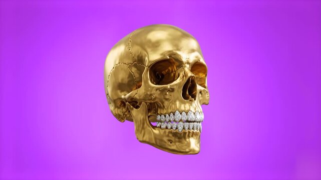 A luxurious 3D render of a metallic golden human skull sporting iced-out diamond grillz on its teeth. Set against a solid purple background, this flashy hip-hop and rap-themed digital asset is perfect