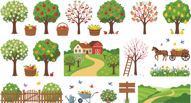 Fruit orchard farm vector element set with blooming apple pear peach trees baskets horse cart and countryside landscape