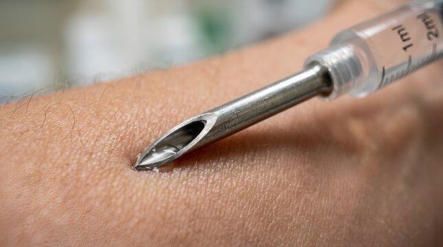 Close-up of a hypodermic needle injecting fluid into human skin